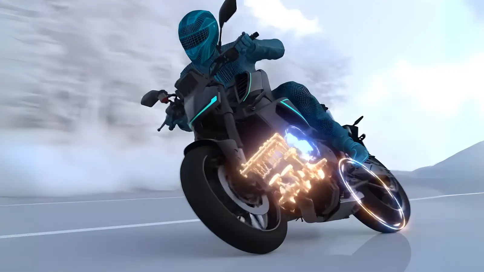 Yamaha MT-09 híbrida 2025 rodando em uma estrada, destacando sua agilidade e design naked