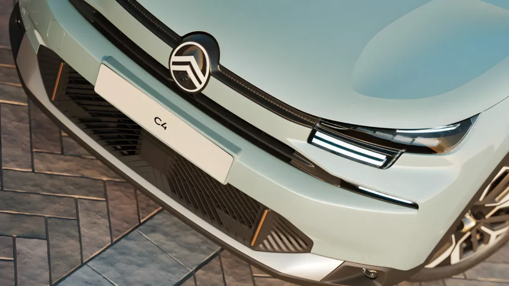 Novo Citroën C4 híbrido 2026 visto de frente em fundo neutro