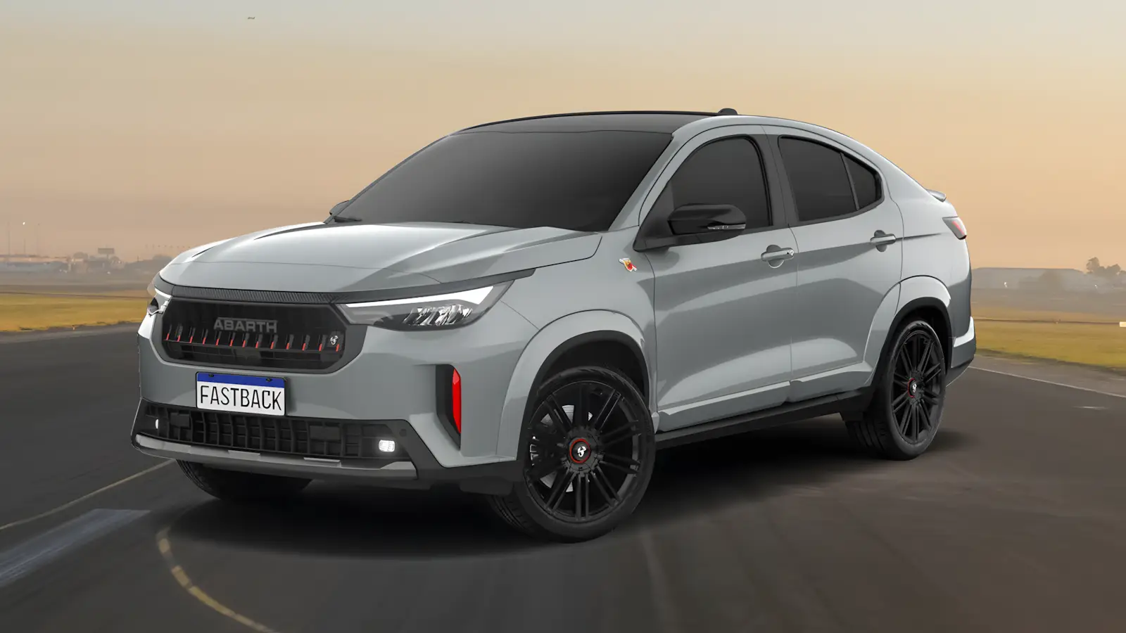 Fiat Fastback Abarth 2026 vista frontal mostrando grade retangular e detalhes vermelhos