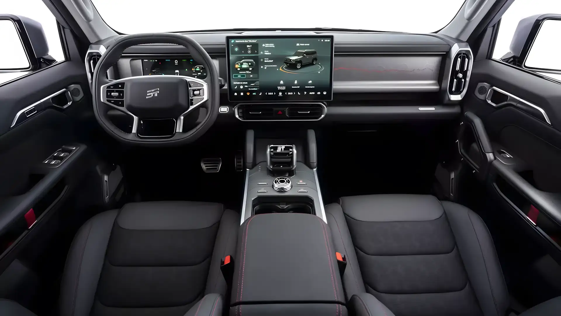 Interior do Jetour T2 com central multimídia de 15,6 polegadas, bancos em couro e acabamento premium