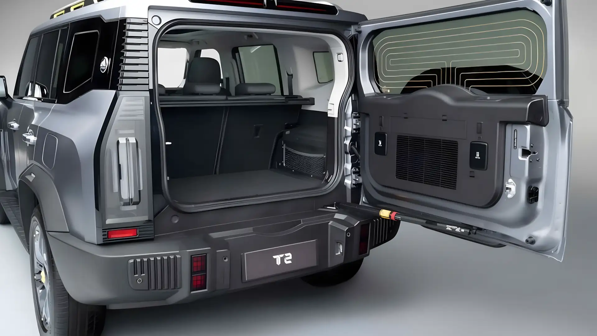 Traseira do Jetour T2 com o estepe pendurado na porta do porta-malas de abertura lateral, reforçando seu estilo aventureiro.