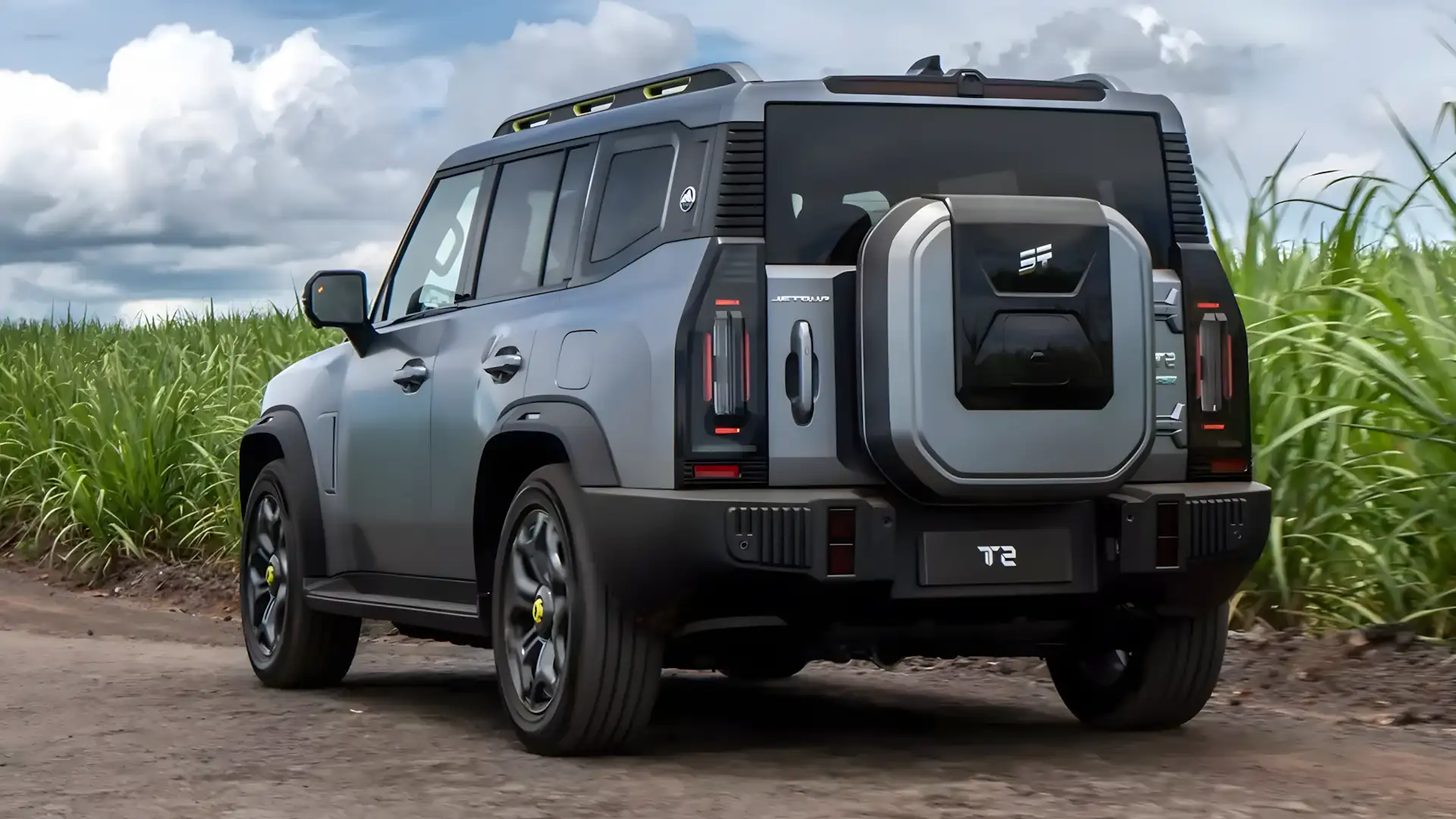 Traseira do Jetour T2 com estepe aparente e lanternas em LED