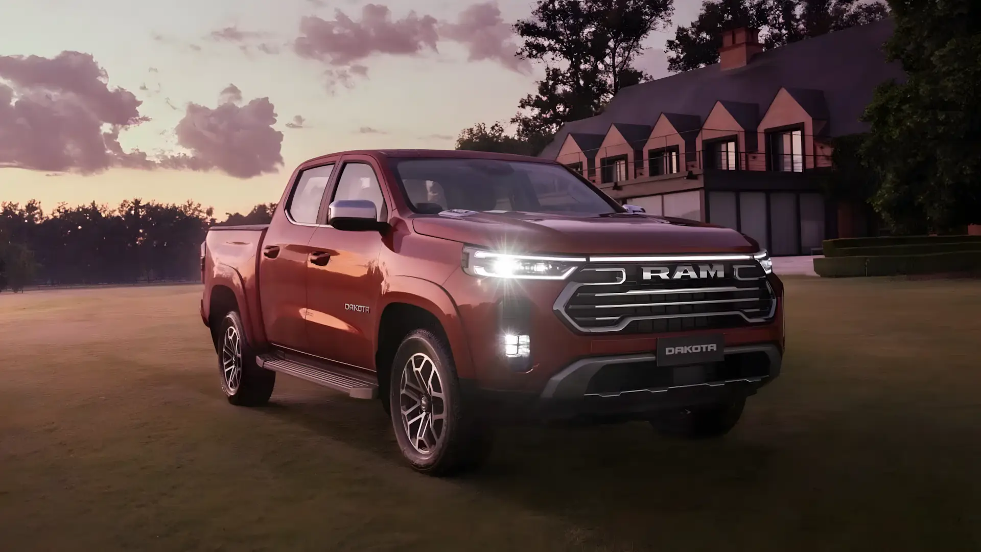 Dianteira da nova Ram Dakota 2027 com grade exclusiva e far&oacute;is full-LED