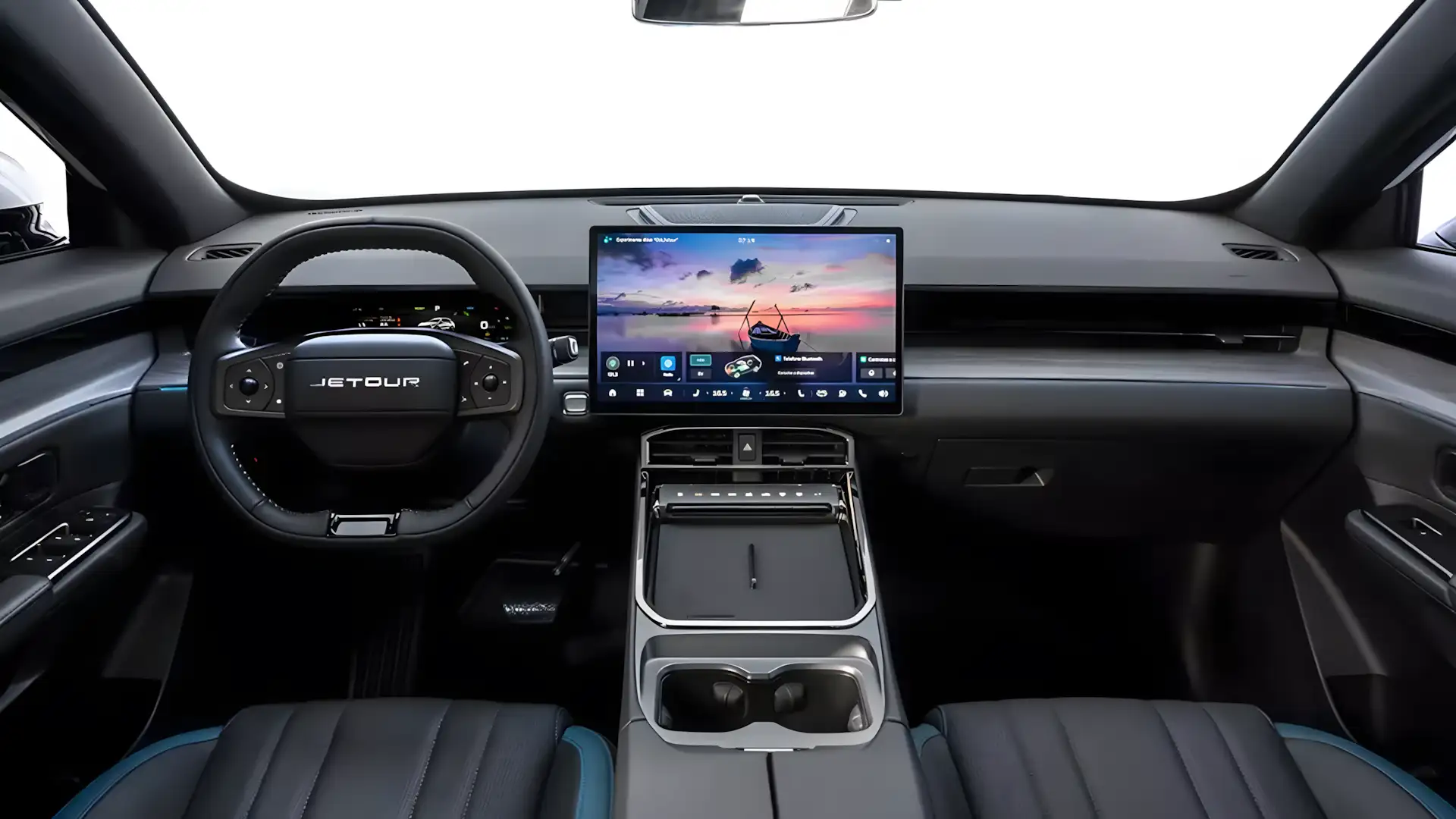 Interior do Jetour S06 com tela de 15,6 polegadas e acabamento em couro