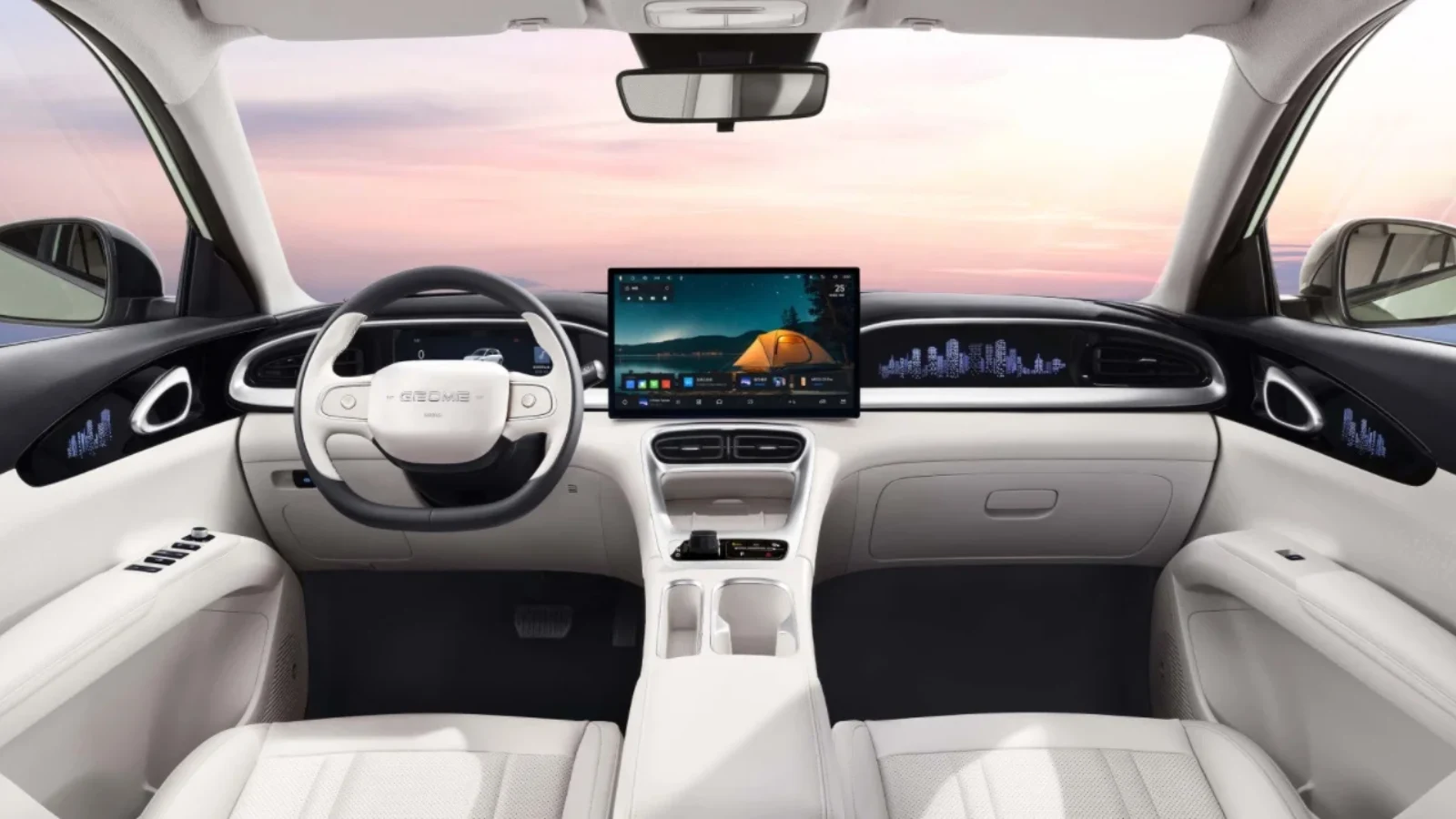Painel interno do Geely EX2 mostrando a grande tela multimídia de 14 polegadas e volante premium
