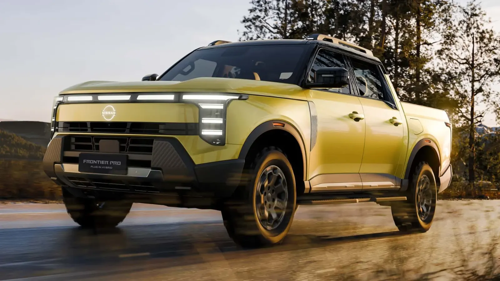 Nissan Frontier Pro PHEV vista de frente e lateral com far&oacute;is de LED acesos