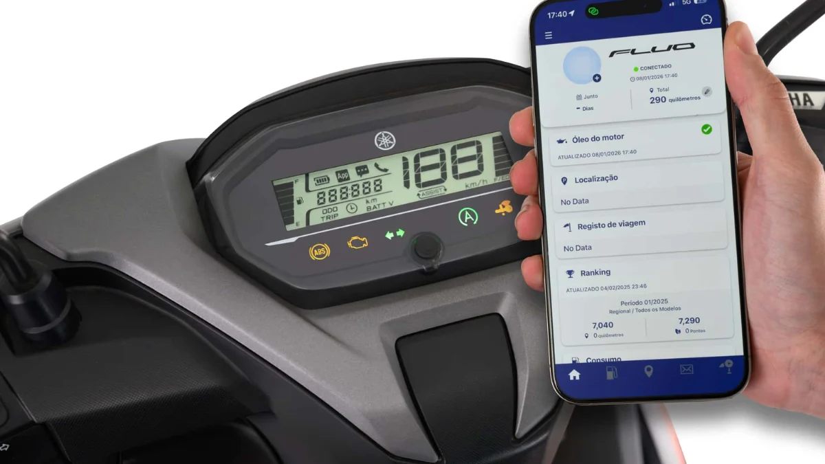 Painel LCD da Yamaha Fluo 2027 exibindo conexão ao smartphone via Y-Connect