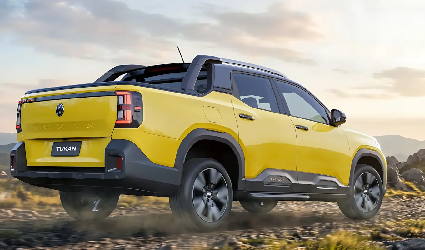 VW Tukan Extreme amarela com motor 1.5 eTSI previsto, nova picape Volkswagen apresentada em 2026